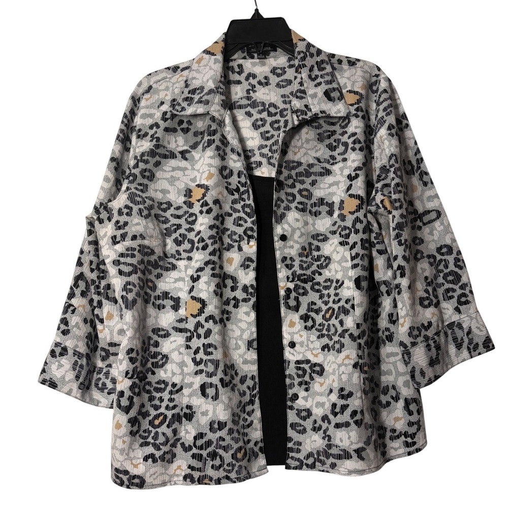 Notations Womens Leopard Print 2-in-1 Shirt and Tank Set Grey Black - XL